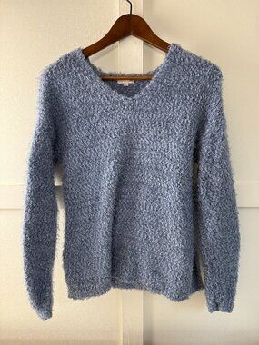 SO Powder Blue Fuzzy Eyelash Knit Hooded Sweater XS Y2K